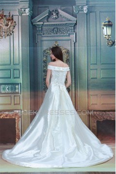 Fantastic A-Line Satin Off-the-Shoulder Sleeveless Beaded Wedding Dresses 2031178