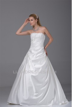 A-Line Strapless Beaded Lace Satin Wedding Dresses 2030118