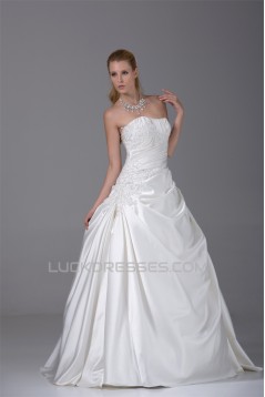 A-Line Strapless Beaded Lace Satin Wedding Dresses 2030118