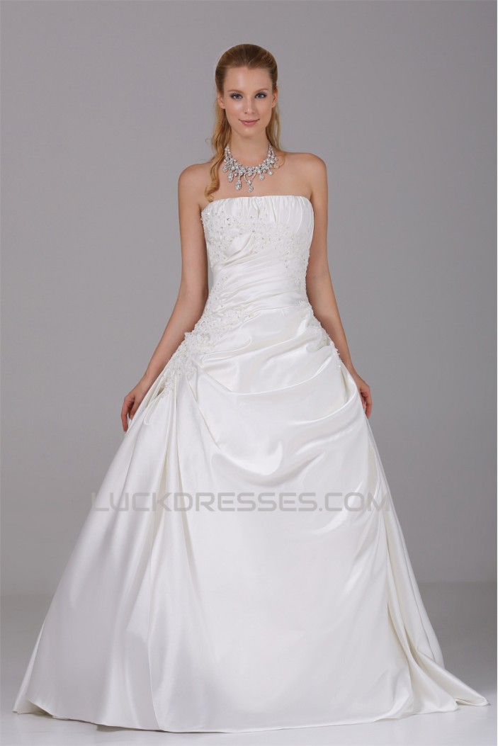 A-Line Strapless Beaded Lace Satin Wedding Dresses 2030118