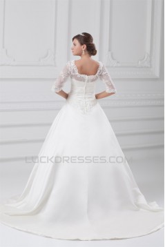 Fantastic V-Neck Satin Lace A-Line Half Elbow Sleeve Wedding Dresses 2031189