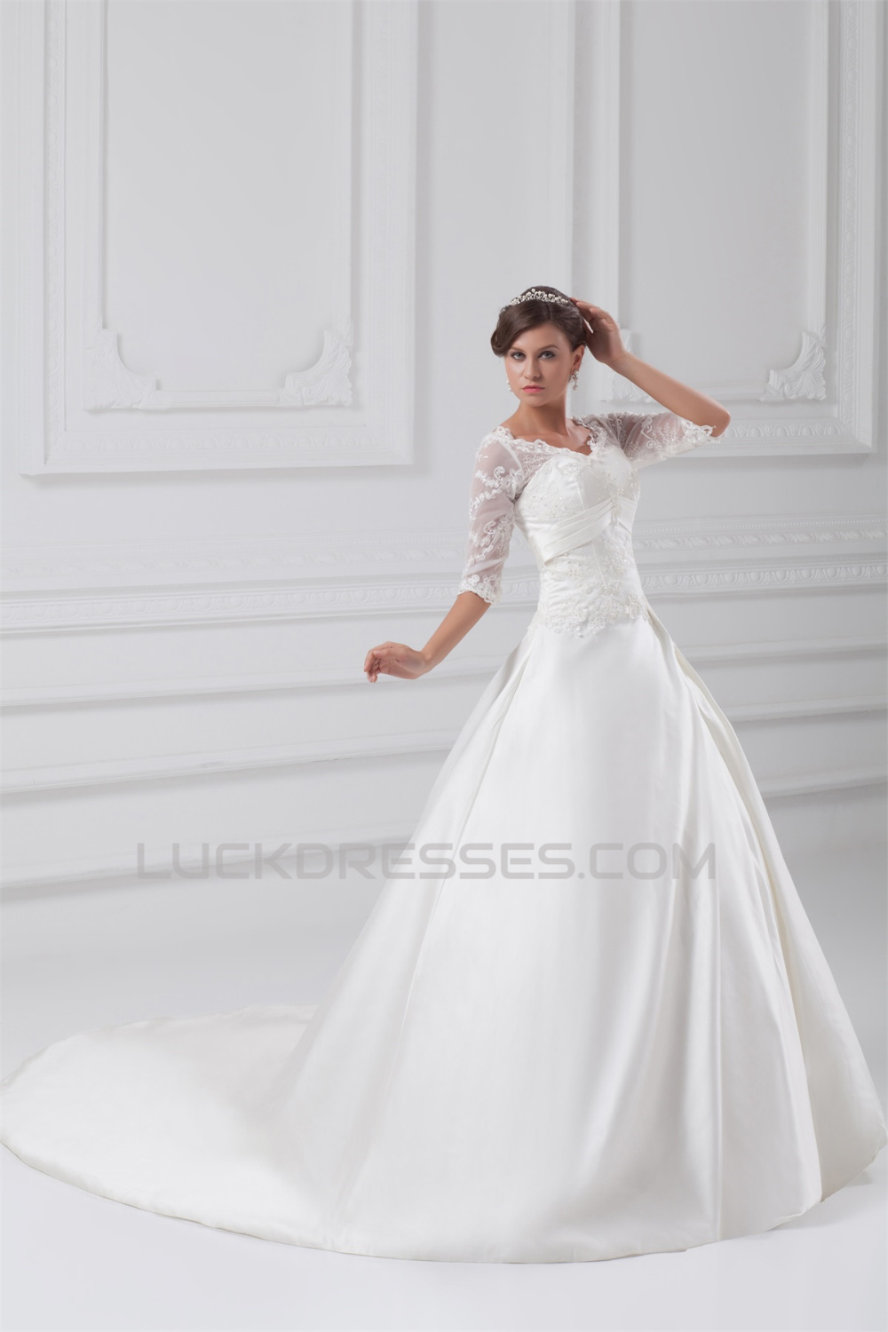 fantastic-v-neck-satin-lace-a-line-half-elbow-sleeve-wedding-dresses-2031189