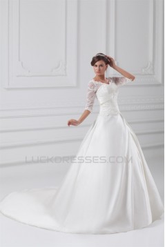 Fantastic V-Neck Satin Lace A-Line Half Elbow Sleeve Wedding Dresses 2031189