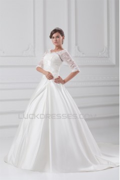 Fantastic V-Neck Satin Lace A-Line Half Elbow Sleeve Wedding Dresses 2031189