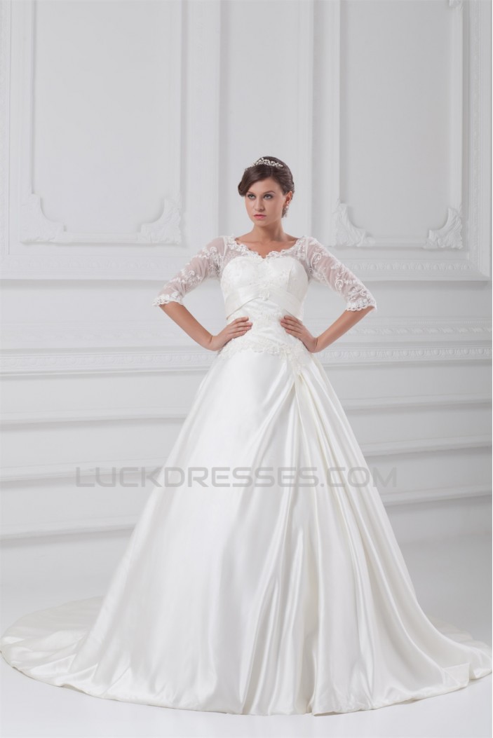 Fantastic V-Neck Satin Lace A-Line Half Elbow Sleeve Wedding Dresses 2031189