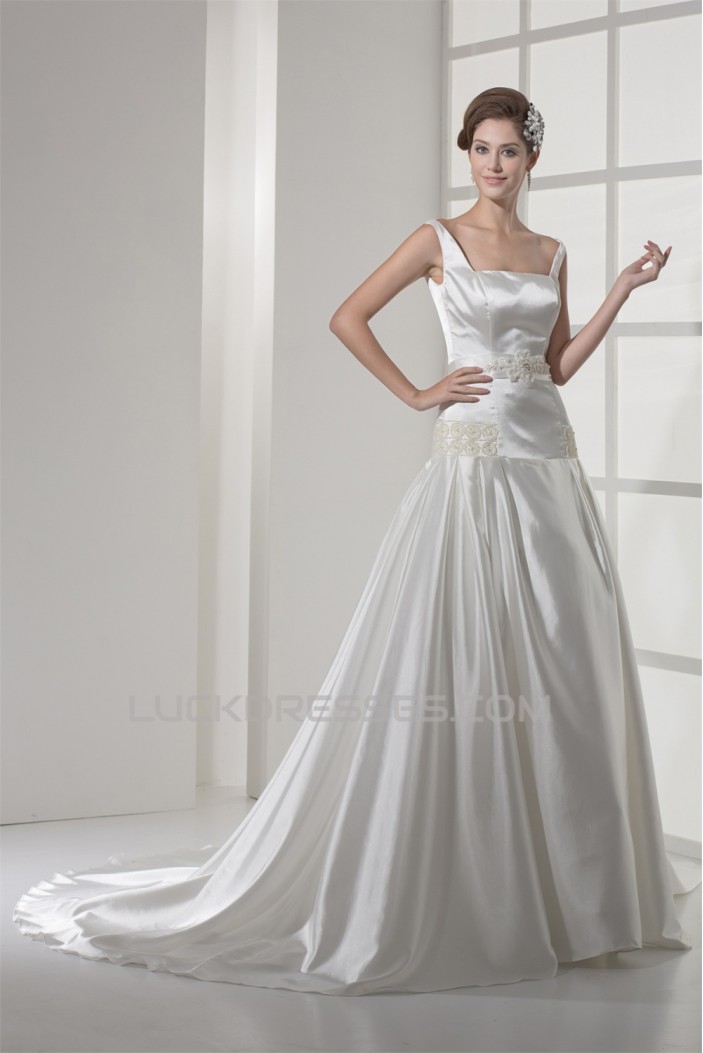 A-Line Square Chapel Train Beaded Wedding Dresses 2030119