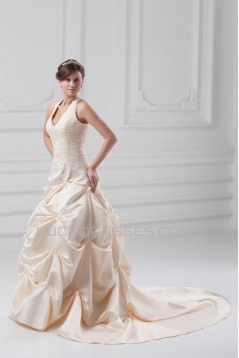 Fashionable Sleeveless Ball Gown Satin Halter Wedding Dresses with Color 2031194