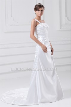 Fashionable Sleeveless One-Shoulder Satin A-Line Best Wedding Dresses 2031195