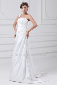 Fashionable Sleeveless One-Shoulder Satin A-Line Best Wedding Dresses 2031195