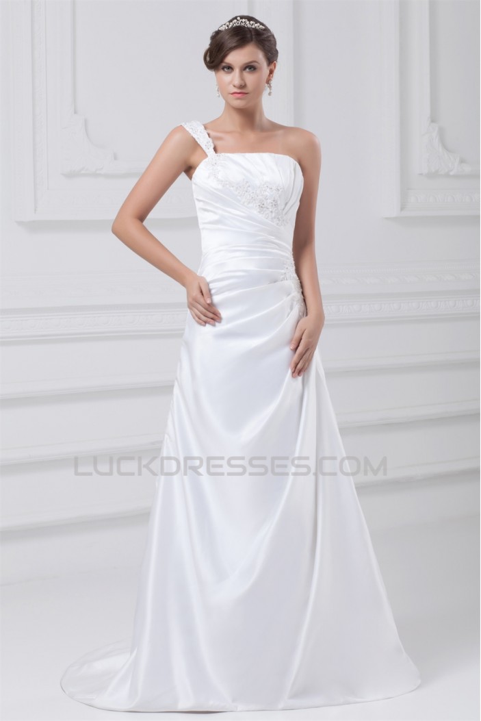 Fashionable Sleeveless One-Shoulder Satin A-Line Best Wedding Dresses 2031195