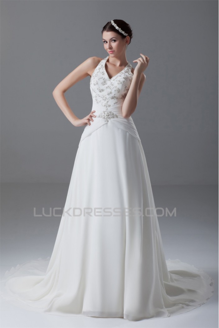 A-Line Chiffon Satin Halter Sleeveless Wedding Dresses 2031198