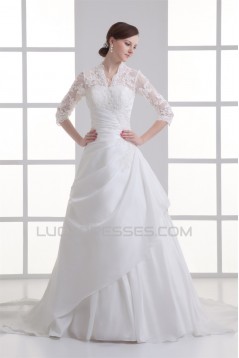 Great Ball Gown 3/4 Length Sleeve Taffeta Lace V-Neck Wedding Dresses 2031212