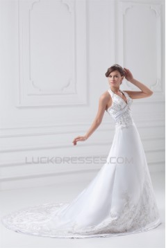 Great Satin A-Line Halter Sleeveless Wedding Dresses 2031215