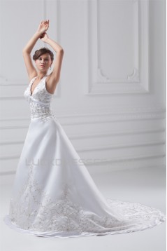 Great Satin A-Line Halter Sleeveless Wedding Dresses 2031215