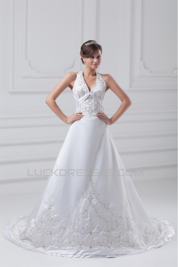 Great Satin A-Line Halter Sleeveless Wedding Dresses 2031215