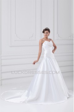 Great Sleeveless A-Line Satin Spaghetti Straps Lace Wedding Dresses 2031216