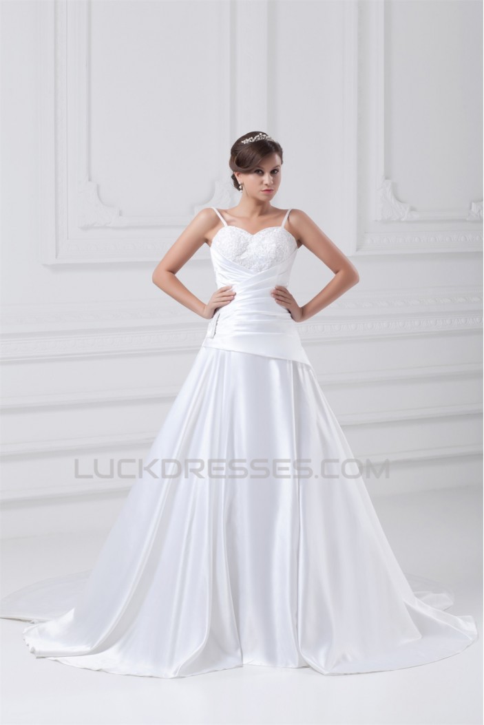 Great Sleeveless A-Line Satin Spaghetti Straps Lace Wedding Dresses 2031216