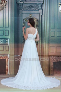 Great Sleeveless Chiffon Satin One-Shoulder A-Line Beaded Wedding Dresses 2031217