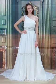 Great Sleeveless Chiffon Satin One-Shoulder A-Line Beaded Wedding Dresses 2031217