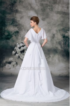 Half Elbow Sleeve A-Line V-Neck Chiffon Satin Beaded Wedding Dresses 2031218