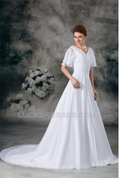 Half Elbow Sleeve A-Line V-Neck Chiffon Satin Beaded Wedding Dresses 2031218