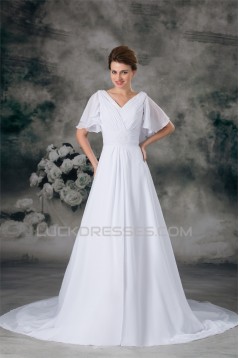 Half Elbow Sleeve A-Line V-Neck Chiffon Satin Beaded Wedding Dresses 2031218