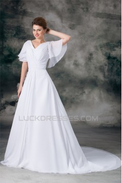 Half Elbow Sleeve A-Line V-Neck Chiffon Satin Beaded Wedding Dresses 2031218