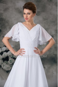 Half Elbow Sleeve A-Line V-Neck Chiffon Satin Beaded Wedding Dresses 2031218