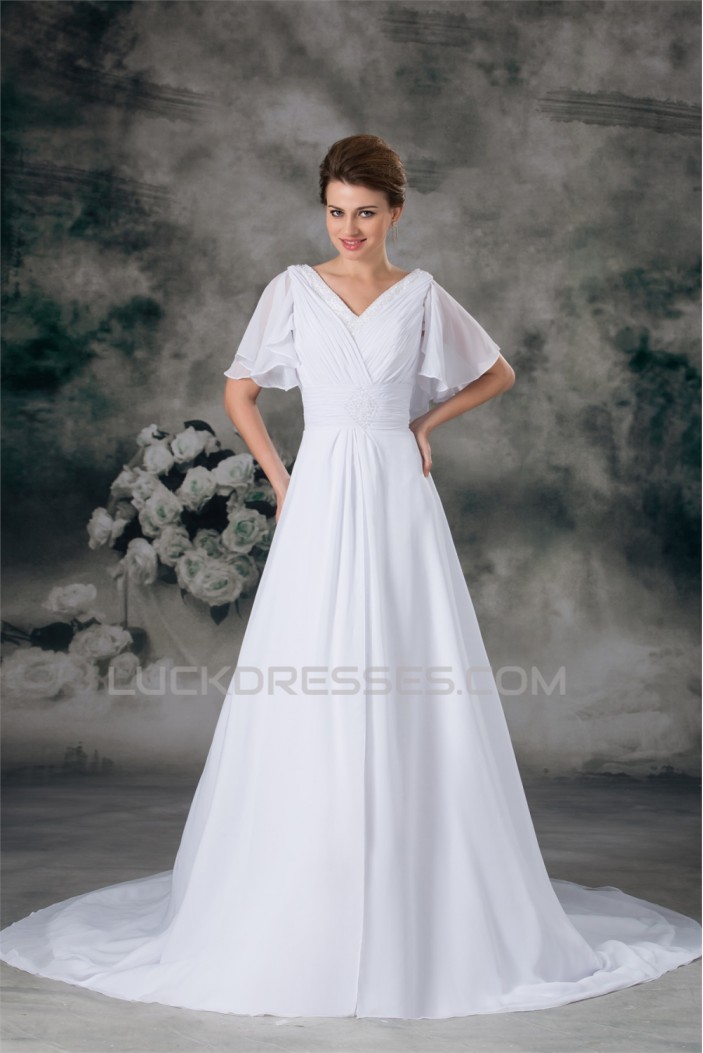 Half Elbow Sleeve A-Line V-Neck Chiffon Satin Beaded Wedding Dresses 2031218