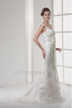 Elegant Scoop Mermaid/Trumpet Satin Lace Sleeveless Wedding Dresses 2030123