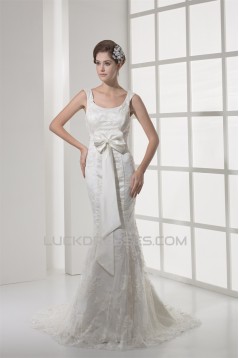 Elegant Scoop Mermaid/Trumpet Satin Lace Sleeveless Wedding Dresses 2030123