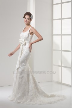 Elegant Scoop Mermaid/Trumpet Satin Lace Sleeveless Wedding Dresses 2030123