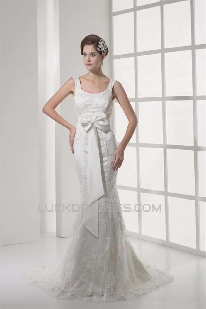 Elegant Scoop Mermaid/Trumpet Satin Lace Sleeveless Wedding Dresses 2030123