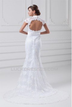 Mermaid/Trumpet Short Sleeve V-Neck Satin Lace Wedding Dresses 2031234