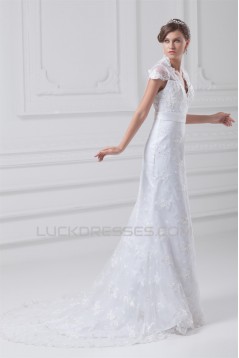 Mermaid/Trumpet Short Sleeve V-Neck Satin Lace Wedding Dresses 2031234