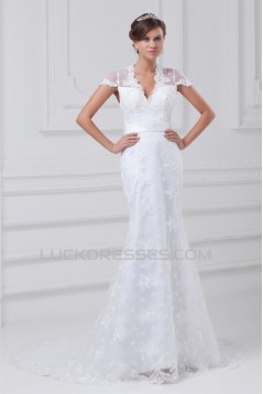 Mermaid/Trumpet Short Sleeve V-Neck Satin Lace Wedding Dresses 2031234