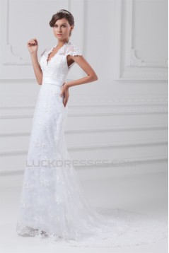 Mermaid/Trumpet Short Sleeve V-Neck Satin Lace Wedding Dresses 2031234