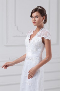 Mermaid/Trumpet Short Sleeve V-Neck Satin Lace Wedding Dresses 2031234