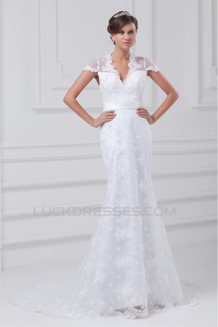 Mermaid/Trumpet Short Sleeve V-Neck Satin Lace Wedding Dresses 2031234