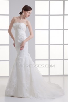 Mermaid/Trumpet Sleeveless Strapless Satin Fine Netting Wedding Dresses 2031238