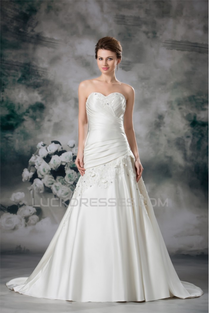 New Arrival A-Line Sweetheart Sleeveless Satin Beaded Lace Wedding Dresses 2031244