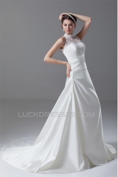 New Arrival Satin Lace A-Line High-Neck Sleeveless Wedding Dresses 2031247