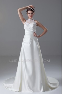 New Arrival Satin Lace A-Line High-Neck Sleeveless Wedding Dresses 2031247