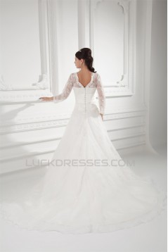 New Style A-Line Long Sleeve V-Neck Satin Organza Lace Wedding Dresses 2031258