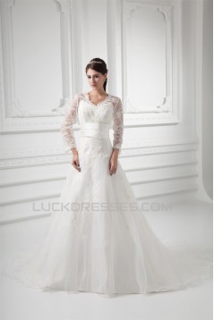 New Style A-Line Long Sleeve V-Neck Satin Organza Lace Wedding Dresses 2031258