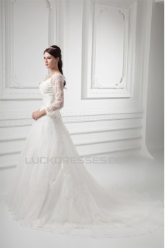 New Style A-Line Long Sleeve V-Neck Satin Organza Lace Wedding Dresses 2031258