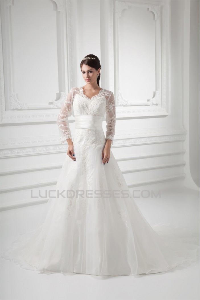 New Style A-Line Long Sleeve V-Neck Satin Organza Lace Wedding Dresses 2031258