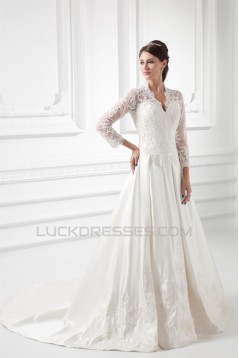 Satin Lace Fine Netting 3/4 Length Sleeve V-Neck New Arrival Wedding Dresses 2031269