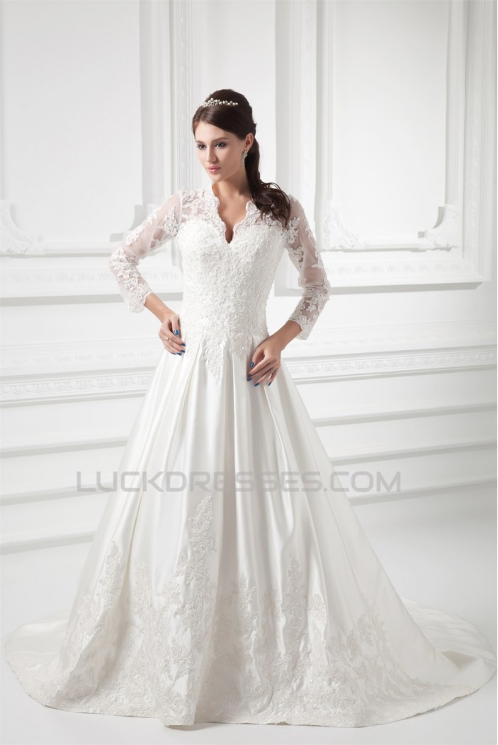 Satin Lace Fine Netting 3/4 Length Sleeve V-Neck New Arrival Wedding Dresses 2031269