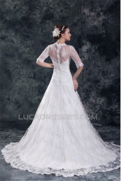 Satin Lace A-Line V-Neck Half Elbow Sleeve Sweet Wedding Dresses 2031272